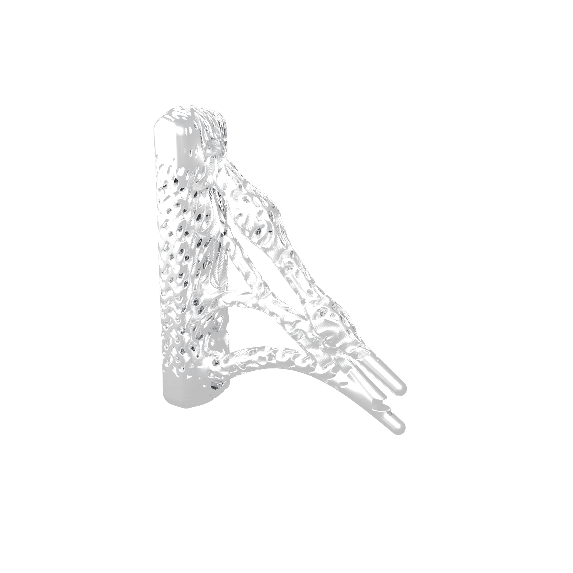 Chrome Flow Gyroid TPMS lattice bracket render on a dark background